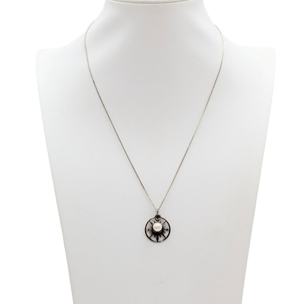 Vintage 925 Sterling Silver Compass Rose & Pearl Charms Box Chain 18.5" Necklace